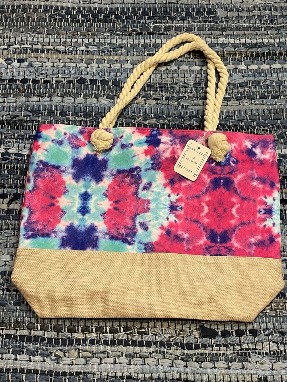 Tie-Dye Canvas Beach Tote with Rope Handles - Multicolor